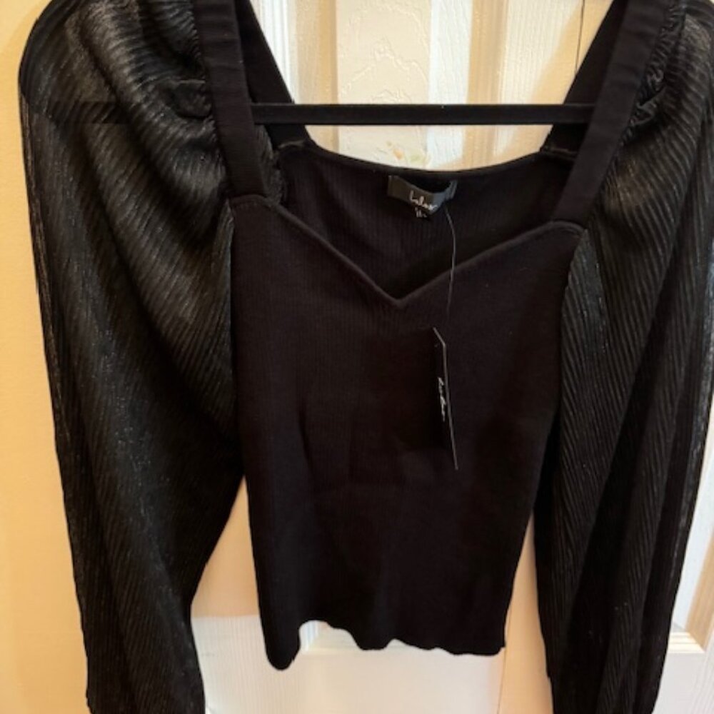 Sweet Edge Black Ribbed Mesh Balloon Sleeve Sweater Top
